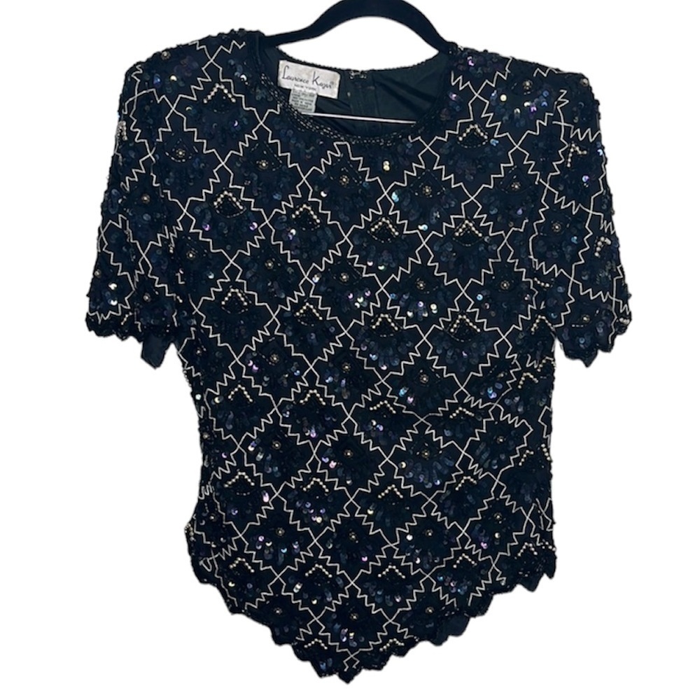 VTG 80s Laurence Kazar Black Silk Sequined Beaded Scallop Party Top Sz M